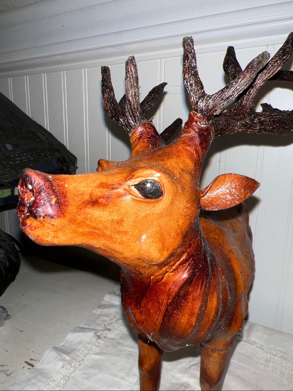 Vintage Leather wrapped Elk Deer figurine glass eyes